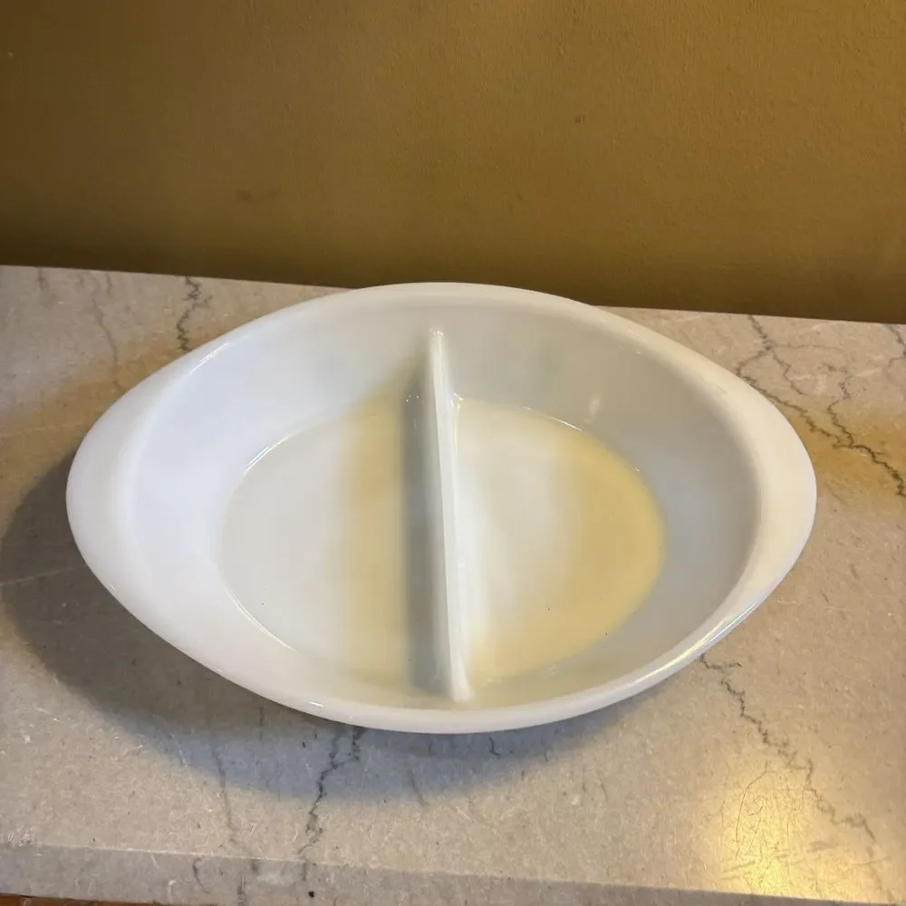 Glasbake Green Crazy Oval Divided Casserole Dish‎ J2352 MilkGlass Vintage